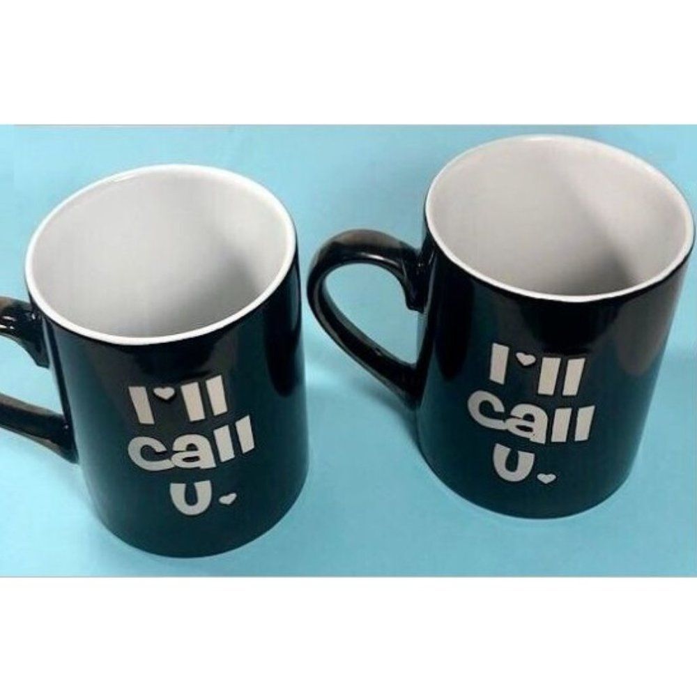 2- I'll call U❤ ,Maude Borup  Coffee Tea, Cups -Black White  Mug w/Gold Handle